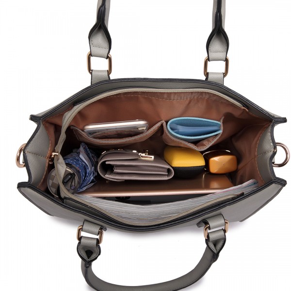 LT1650 - Miss Lulu Textured Leather Look Square Pocket Shoulder Handbag Grey LT1650 - Miss Lulu Textured Leather Look Square Pocket Shoulder Handbag Grey